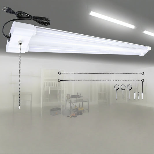 LED tube work light with plug-and-play chain
Linkable LED garage light mounted on ceiling
White 40W LED tube with pull chain switch
Shop light showing 200 LED panel
Multiple 40W LED fixtures installed in workshop