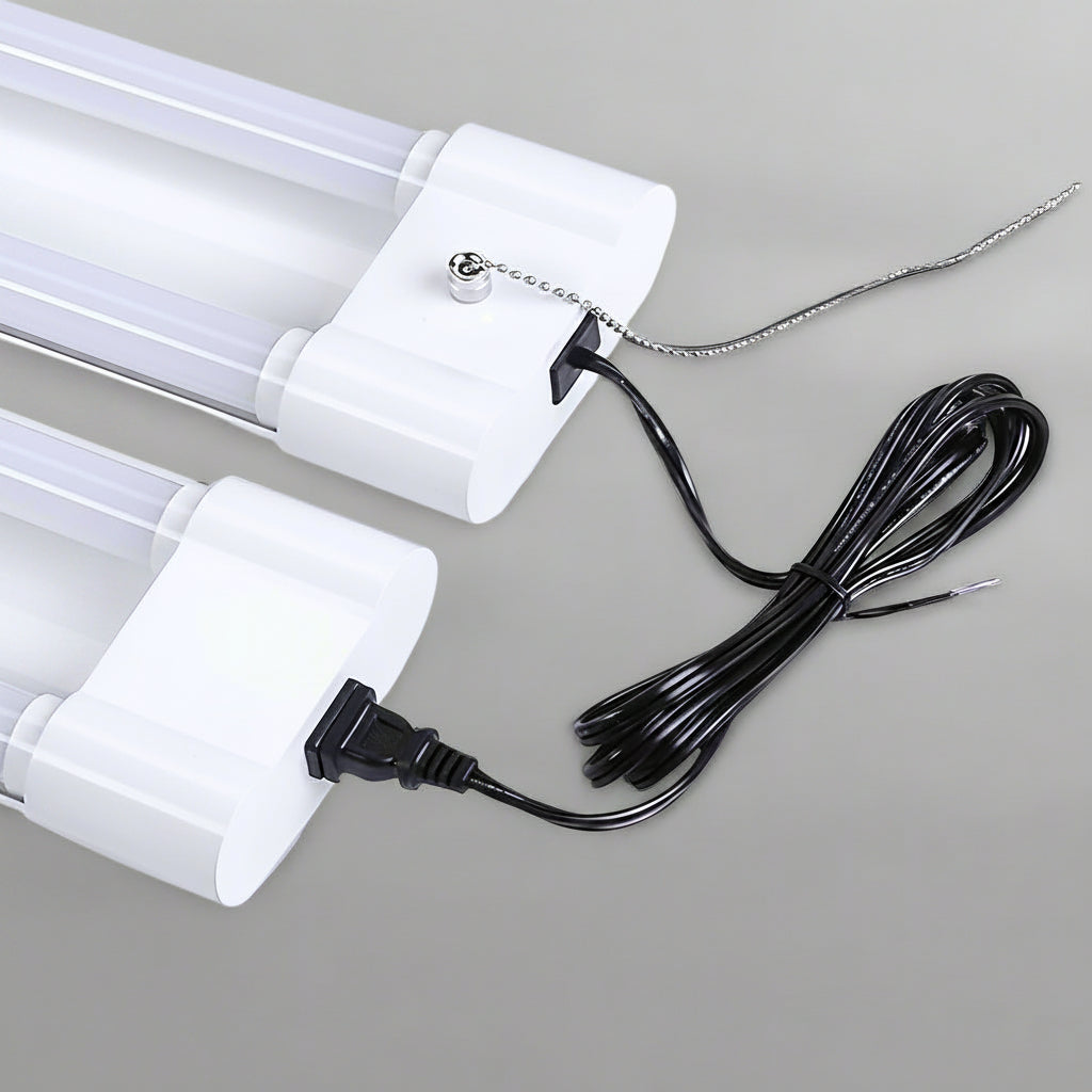 LED tube work light with plug-and-play chain
Linkable LED garage light mounted on ceiling
White 40W LED tube with pull chain switch
Shop light showing 200 LED panel
Multiple 40W LED fixtures installed in workshop