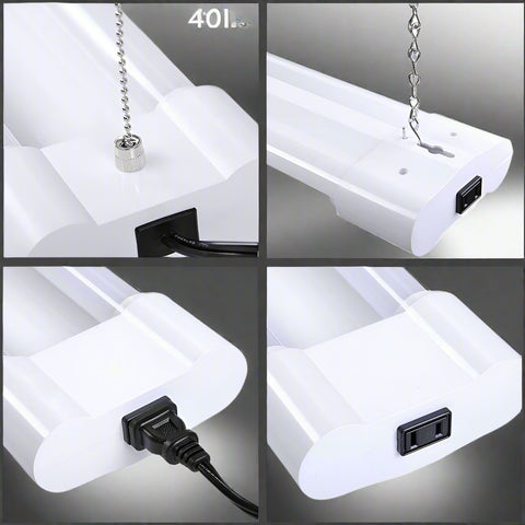 LED tube work light with plug-and-play chain
Linkable LED garage light mounted on ceiling
White 40W LED tube with pull chain switch
Shop light showing 200 LED panel
Multiple 40W LED fixtures installed in workshop