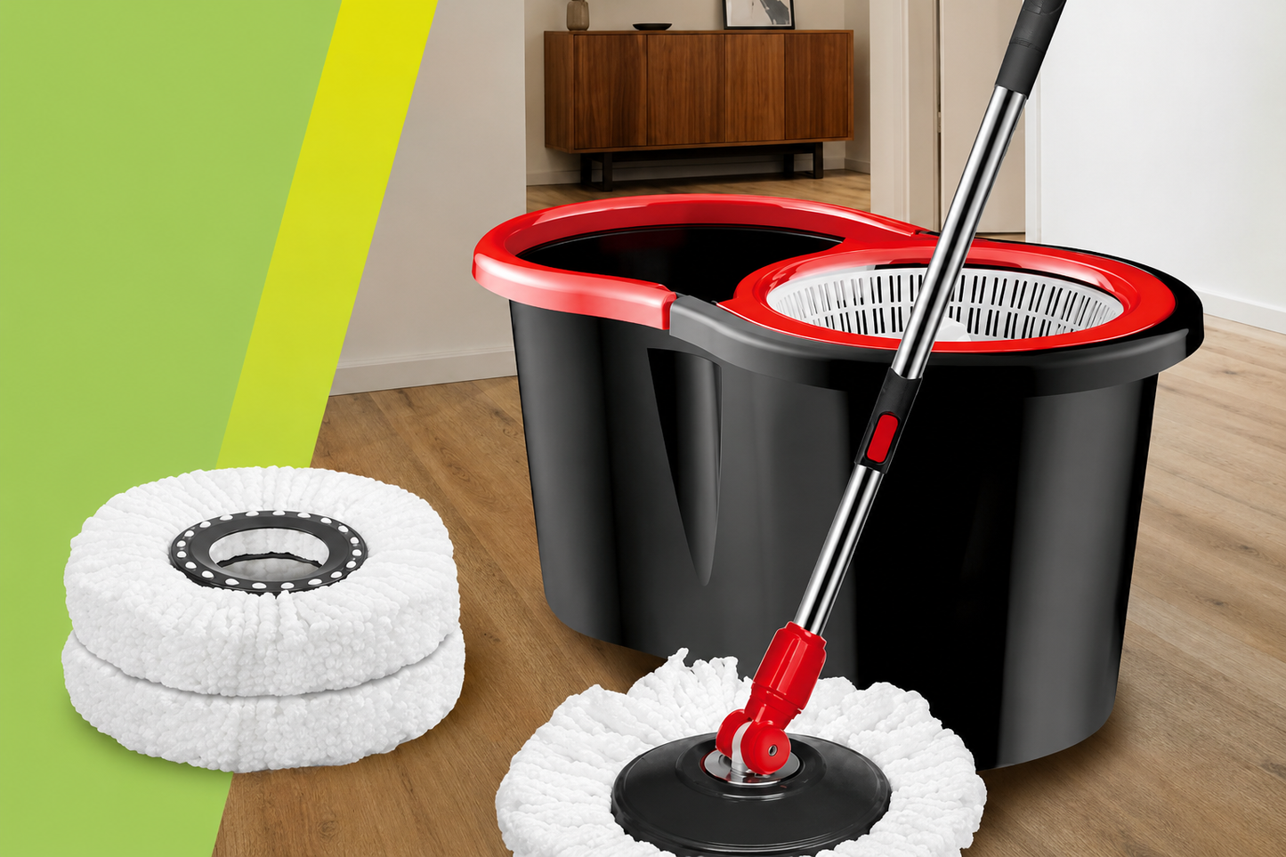 Spin Mop Bucket Set with 2 Mop Heads Hands-Free Floor Cleaning System YYMOP23
