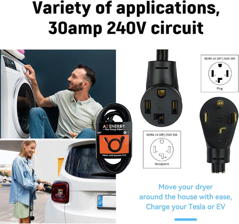 A2 Energy 10FT NEMA 14-30 EV extension cord

Heavy-duty dryer cord with 4-prong plug

A2 Energy EV charger compatible cable layout