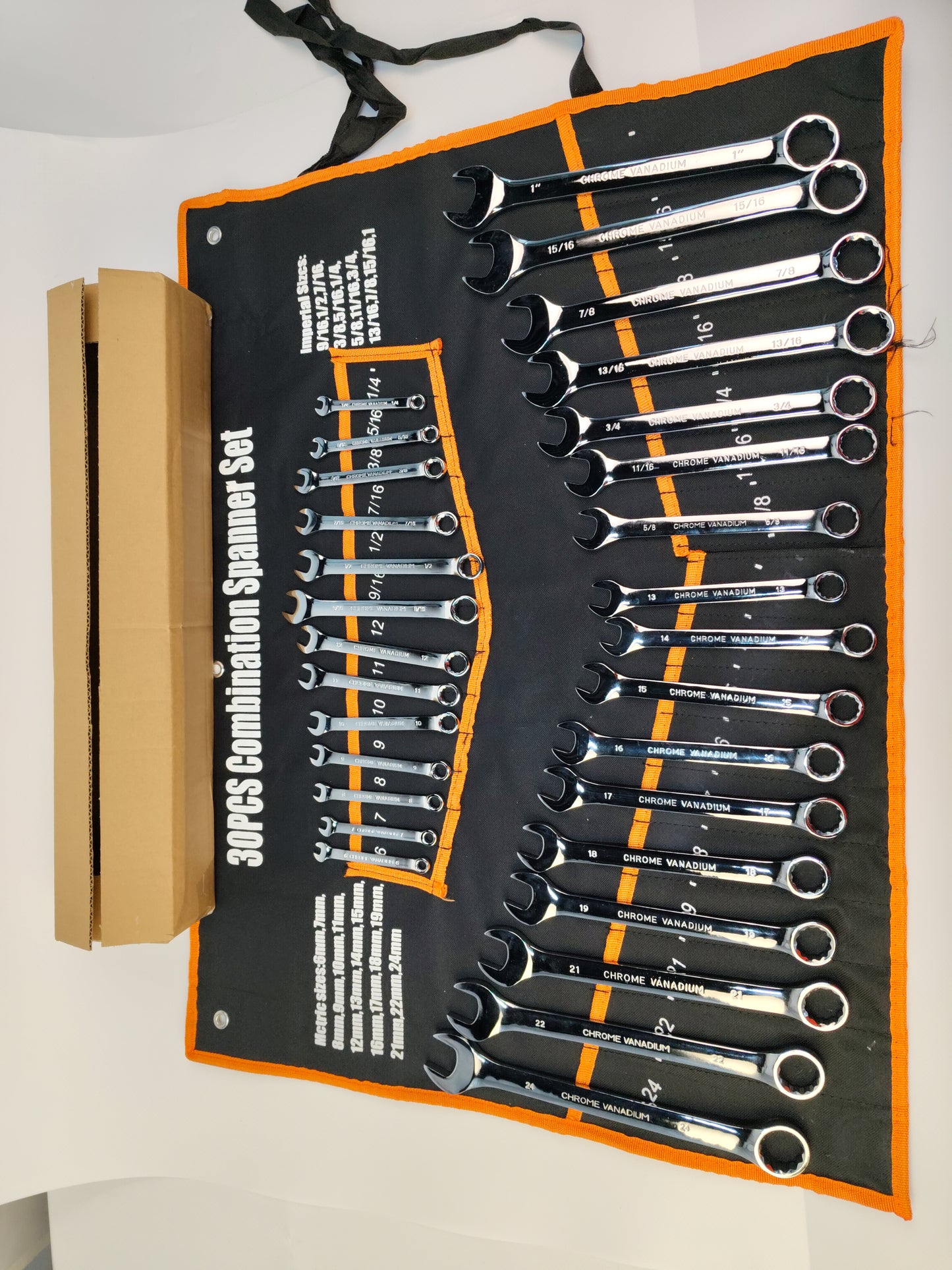 30pc Combination Wrench Set Metric SAE Chrome Vanadium Steel Roll Pouch W30PCS