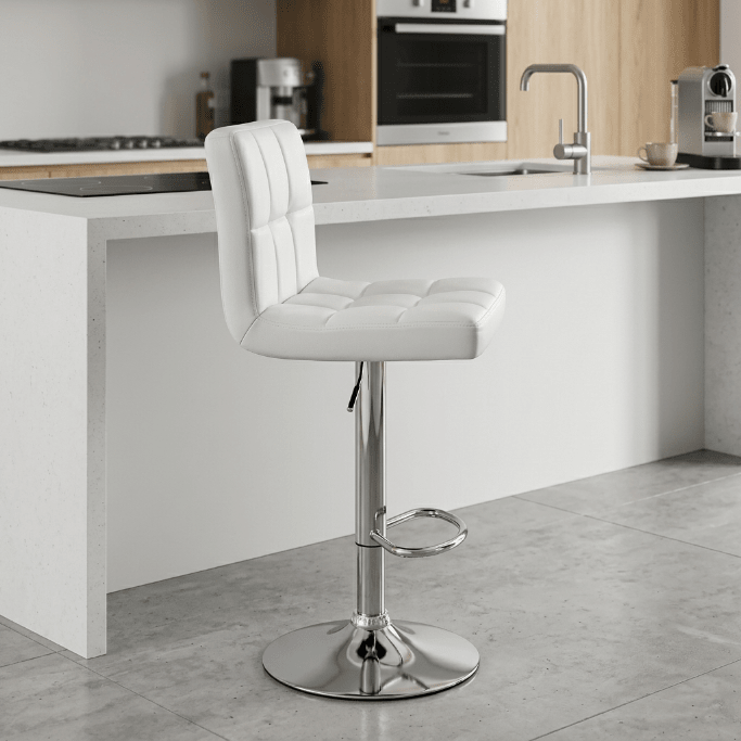 AAdjustable Swivel Faux Leather Bar Stool – Modern Padded Counter Chair with Chrome Base (Single and 2 - Pack Options) - Hand Tools with 1 - Pack – White BS06W | Sold by Uncle Wiener's Wholesale