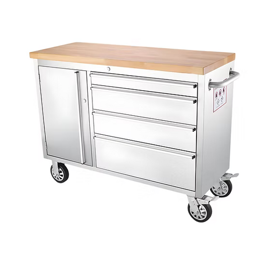 Thor 48″ Stainless Steel Rolling Tool Workbench with Wood Top, 4-Drawer Mobile Tool Cabinet – HTC4804W1