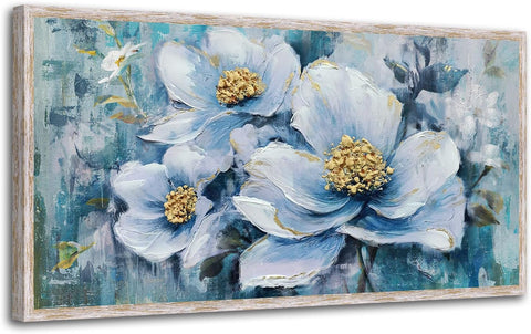 Acocifi Flowers Canvas Wall Art White Elegant Floral Painting Grey Blue Painting Colorful Textured Picture Botanical Bloosom Modern Artwork for Living Room Bedroom Bathroom Office Home Decor 40"x20" - with | Sold by Uncle Wiener's Wholesale