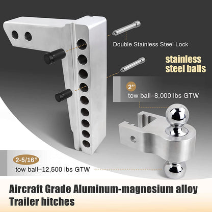 Adjustable Aluminum Trailer Hitch Ball Mount – 8" Drop/Rise, Dual Ball (2" & 2 - 5/16"), 12,500 lbs Towing Capacity – Fits 2" Receiver - with | Sold by Uncle Wiener's Wholesale
