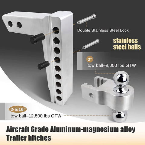 Adjustable Aluminum Trailer Hitch Ball Mount – 8" Drop/Rise, Dual Ball (2" & 2 - 5/16"), 12,500 lbs Towing Capacity – Fits 2" Receiver - with | Sold by Uncle Wiener's Wholesale