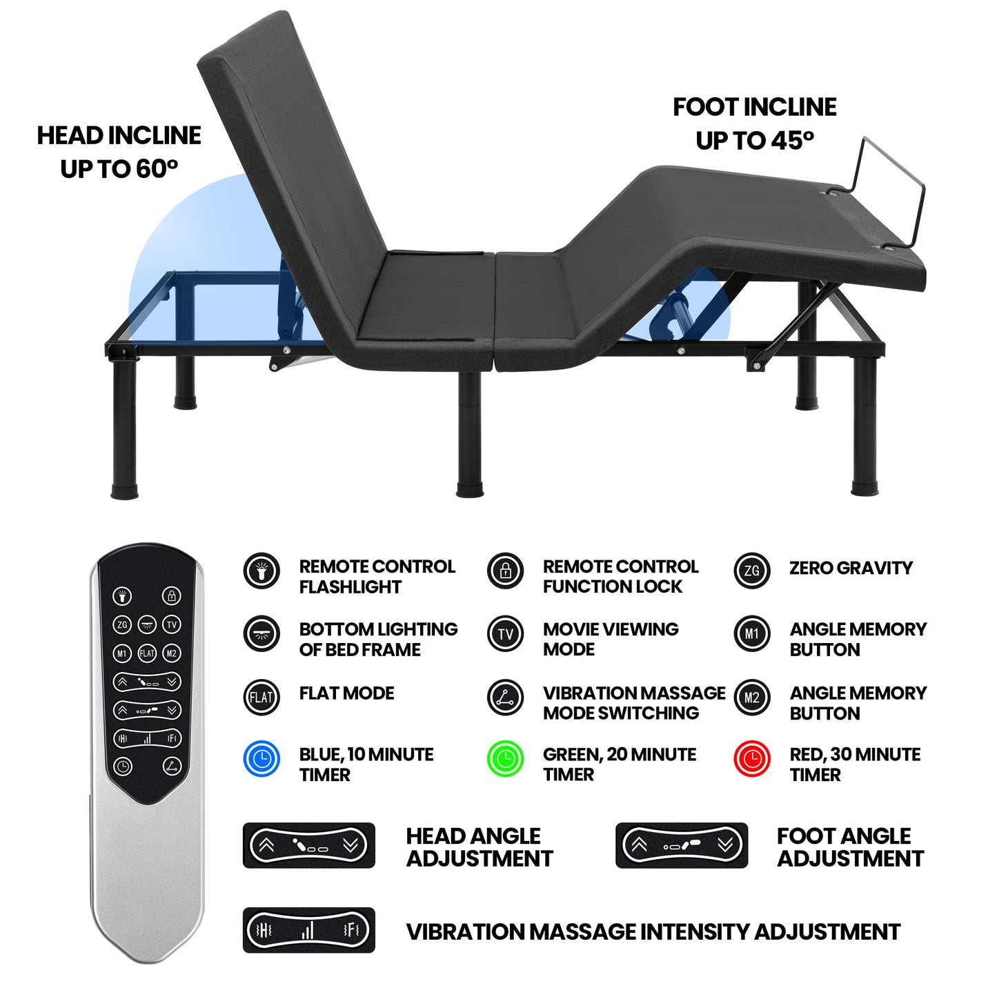 Adjustable Bed Frame with Massage & Remote – USB, LED Light, Twin to King Sizes - with Queen Size | Sold by Uncle Wiener's Wholesale