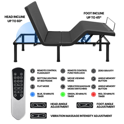 Adjustable Bed Frame with Massage & Remote – USB, LED Light, Twin to King Sizes - with Queen Size | Sold by Uncle Wiener's Wholesale