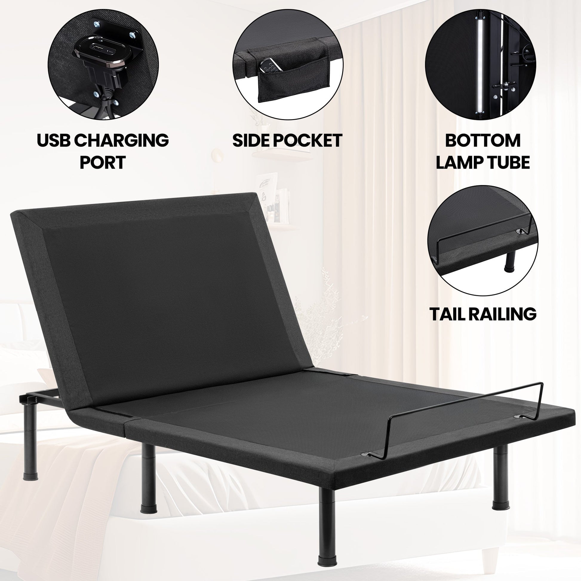 Adjustable Bed Frame with Massage & Remote – USB, LED Light, Twin to King Sizes - with King Size | Sold by Uncle Wiener's Wholesale
