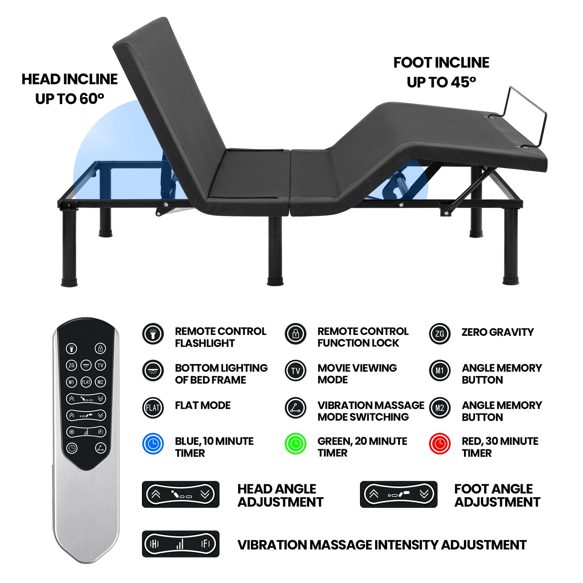 Adjustable Bed Frame with Massage & Remote – USB, LED Light, Twin to King Sizes - with King Size | Sold by Uncle Wiener's Wholesale