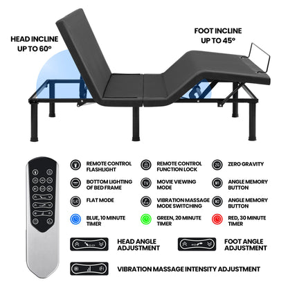 Adjustable Bed Frame with Massage & Remote – USB, LED Light, Twin to King Sizes - with King Size | Sold by Uncle Wiener's Wholesale