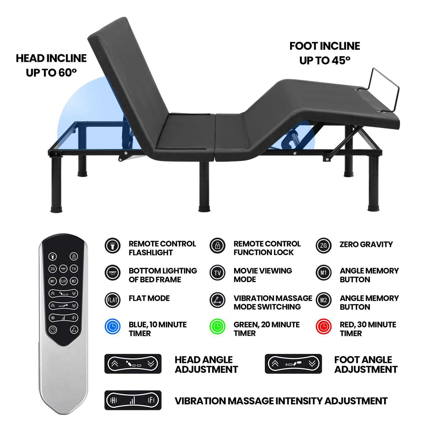 Adjustable Bed Frame with Massage & Remote – USB, LED Light, Twin to King Sizes - with Full Size | Sold by Uncle Wiener's Wholesale