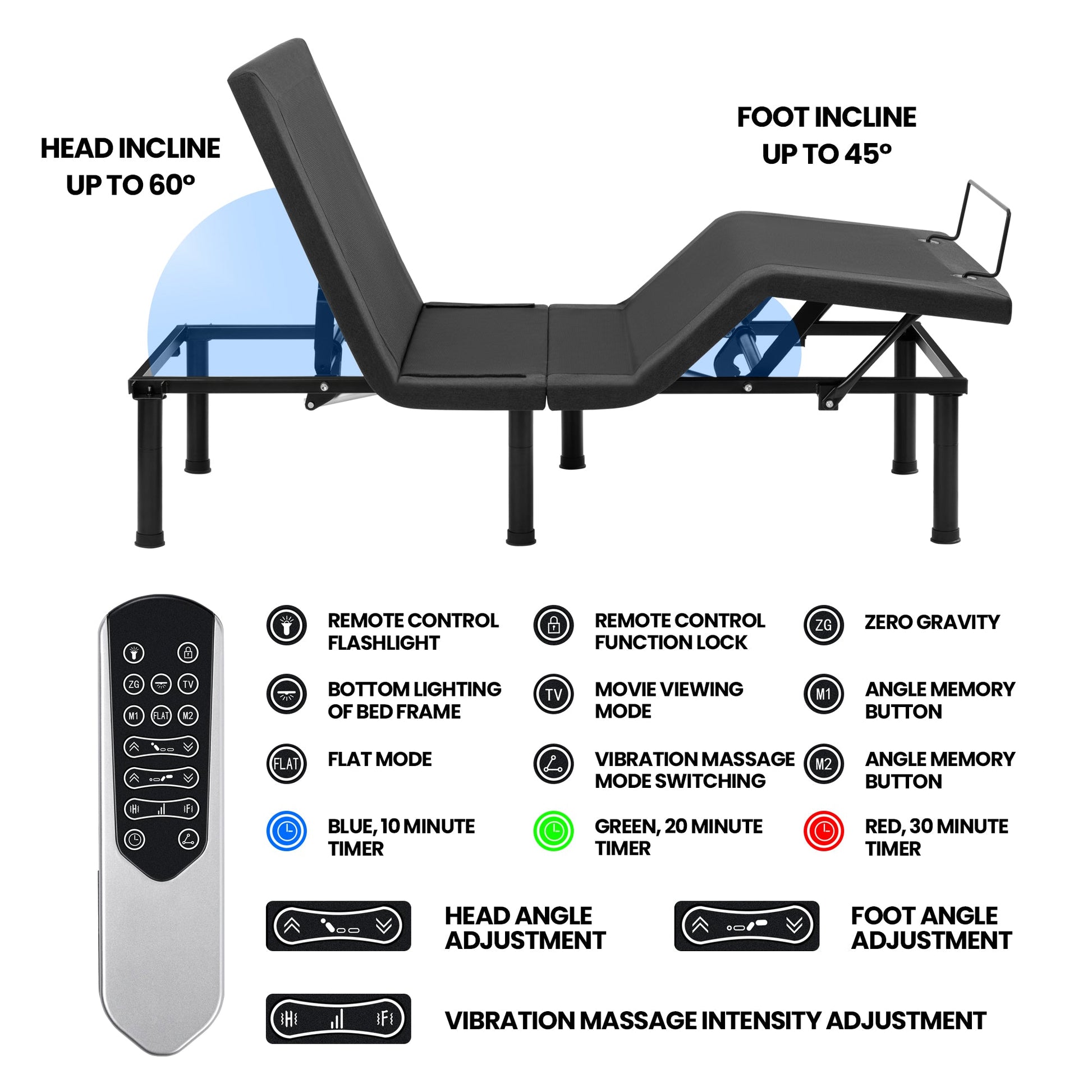 Adjustable Bed Frame with Massage & Remote – USB, LED Light, Twin to King Sizes - with Twin Size | Sold by Uncle Wiener's Wholesale