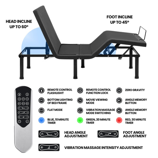 Adjustable Bed Frame with Massage & Remote – USB, LED Light, Twin to King Sizes - with Twin Size | Sold by Uncle Wiener's Wholesale