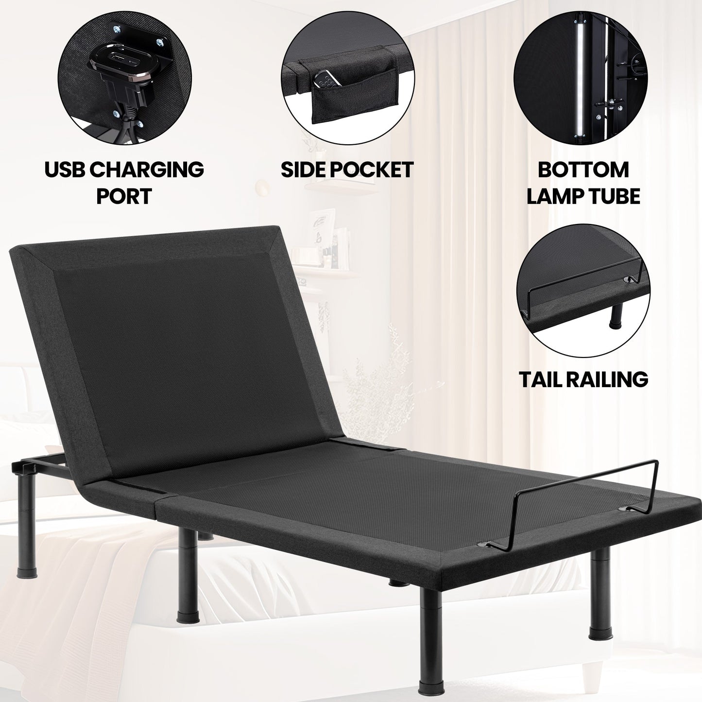 Adjustable Bed Frame with Massage & Remote – USB, LED Light, Twin to King Sizes - with Twin Size | Sold by Uncle Wiener's Wholesale