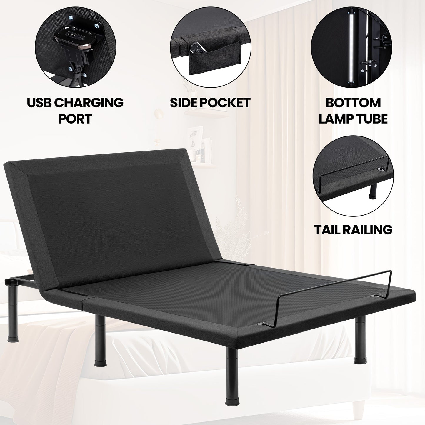 Adjustable Bed Frame with Massage & Remote – USB, LED Light, Twin to King Sizes - with Queen Size | Sold by Uncle Wiener's Wholesale
