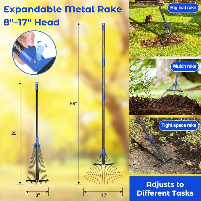 Adjustable Garden Leaf Rake Set – Telescopic Metal Yard Rakes for Leaves, Lawn, Flower Beds & Shrubs - Garden & Landscaping with | Sold by Uncle Wiener's Wholesale