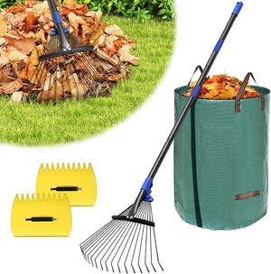 Adjustable Garden Leaf Rake Set – Telescopic Metal Yard Rakes for Leaves, Lawn, Flower Beds & Shrubs