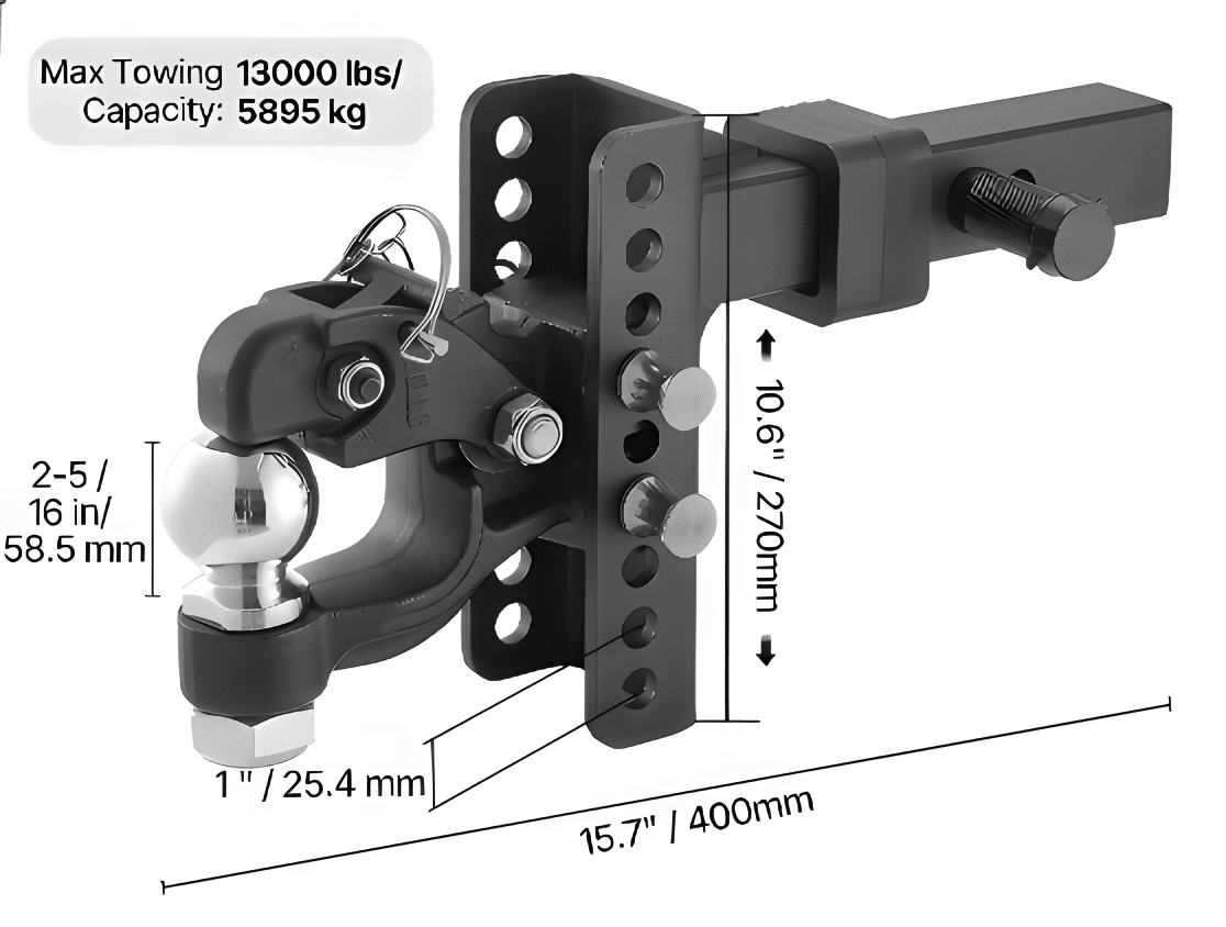 Adjustable Pintle Hitch Hook Combo – 2 - 5/16" Ball, Max Towing 13,000 lbs PHC13K - with | Sold by Uncle Wiener's Wholesale