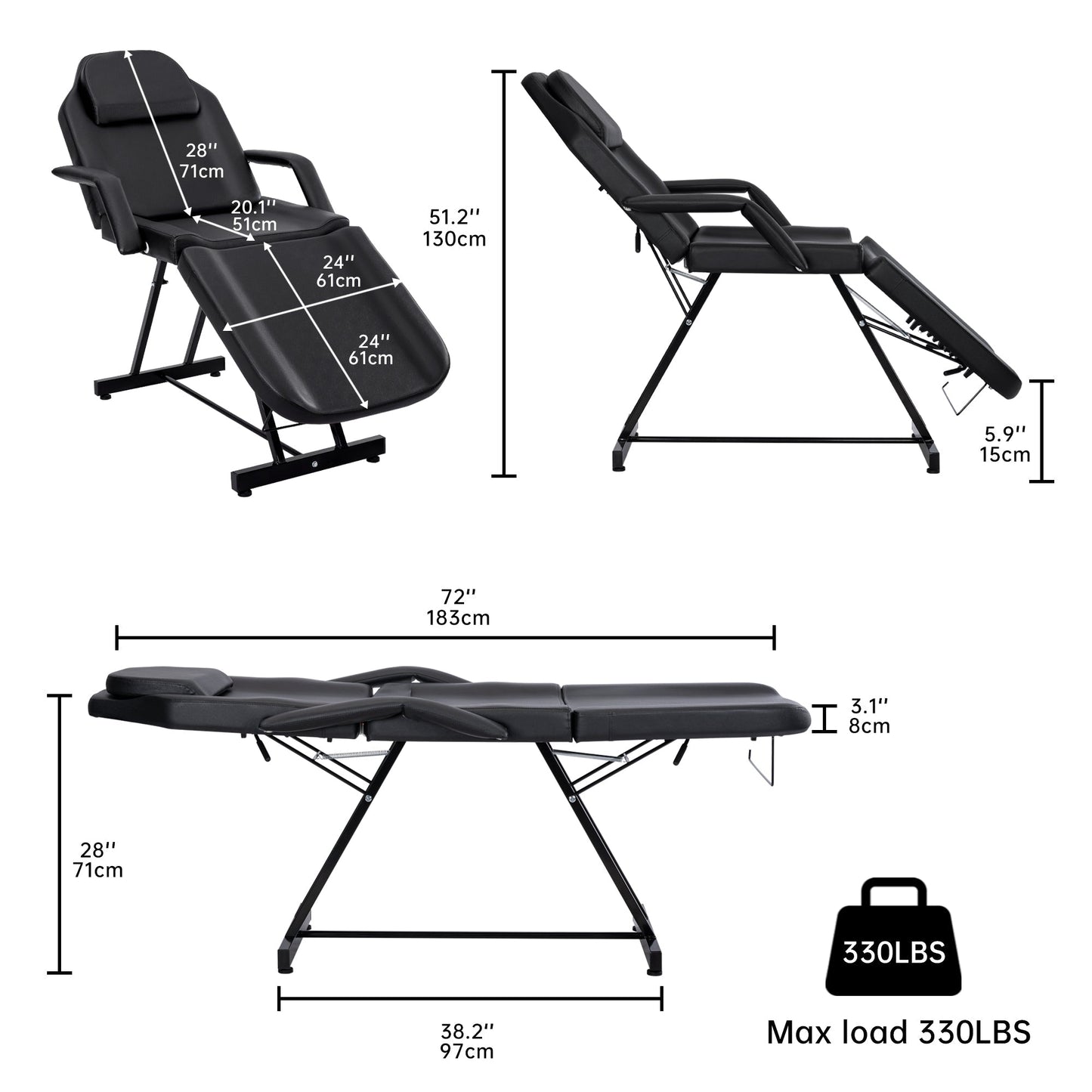 Adjustable Reclining Massage Table – Spa Facial Chair with Armrests & 330 lb Max Load | SKU: AMRMT1880 - with | Sold by Uncle Wiener's Wholesale