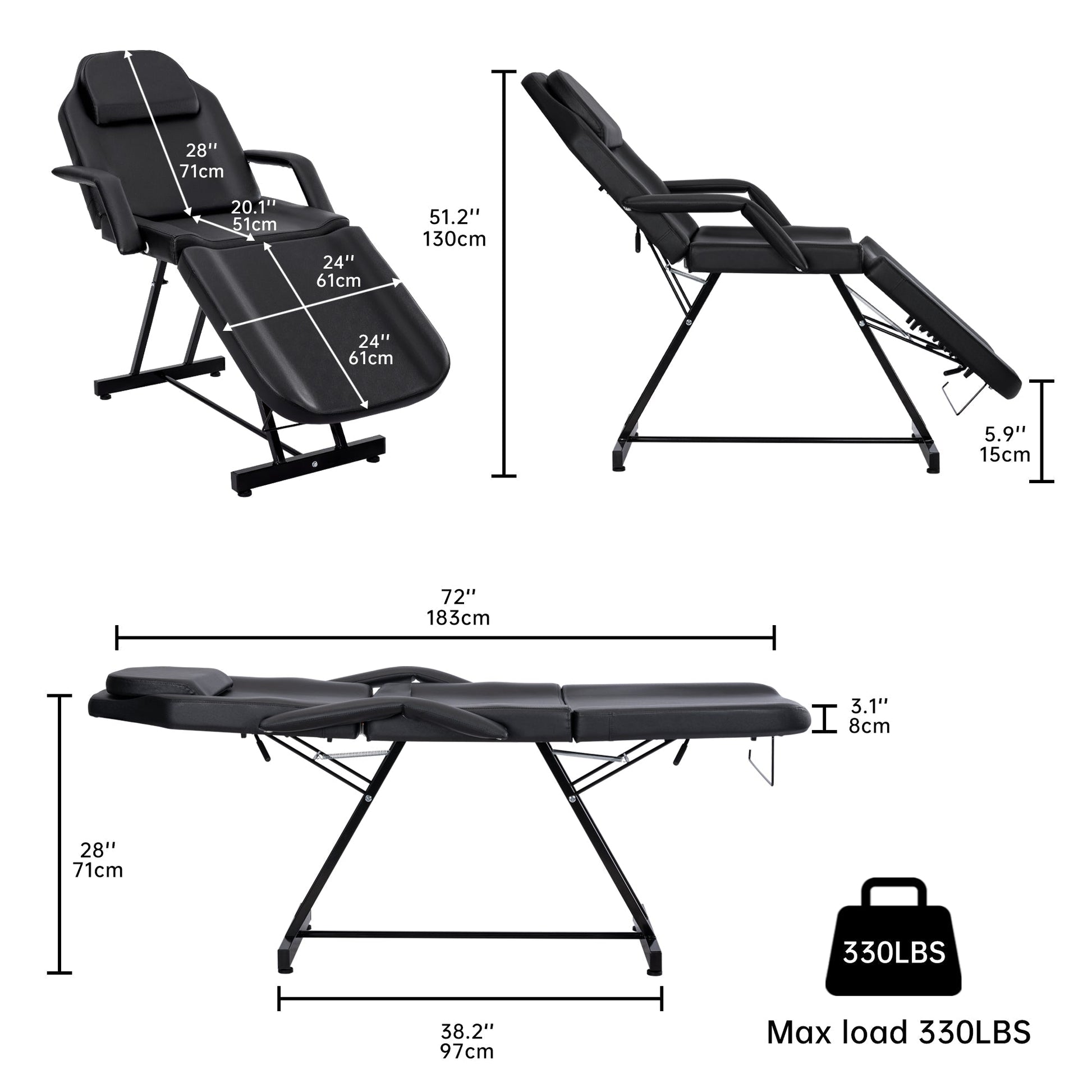 Adjustable Reclining Massage Table – Spa Facial Chair with Armrests & 330 lb Max Load | SKU: AMRMT1880 - with | Sold by Uncle Wiener's Wholesale
