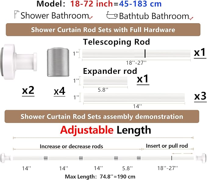 Adjustable White Shower Curtain Tension Rod with 12 Hooks – Rust-Resistant No-Drill Spring Rod (18–72 Inches) - General Equipment with | Sold by Uncle Wiener's Wholesale