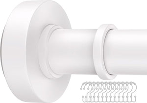 Adjustable White Shower Curtain Tension Rod with 12 Hooks – Rust-Resistant No-Drill Spring Rod (18–72 Inches)