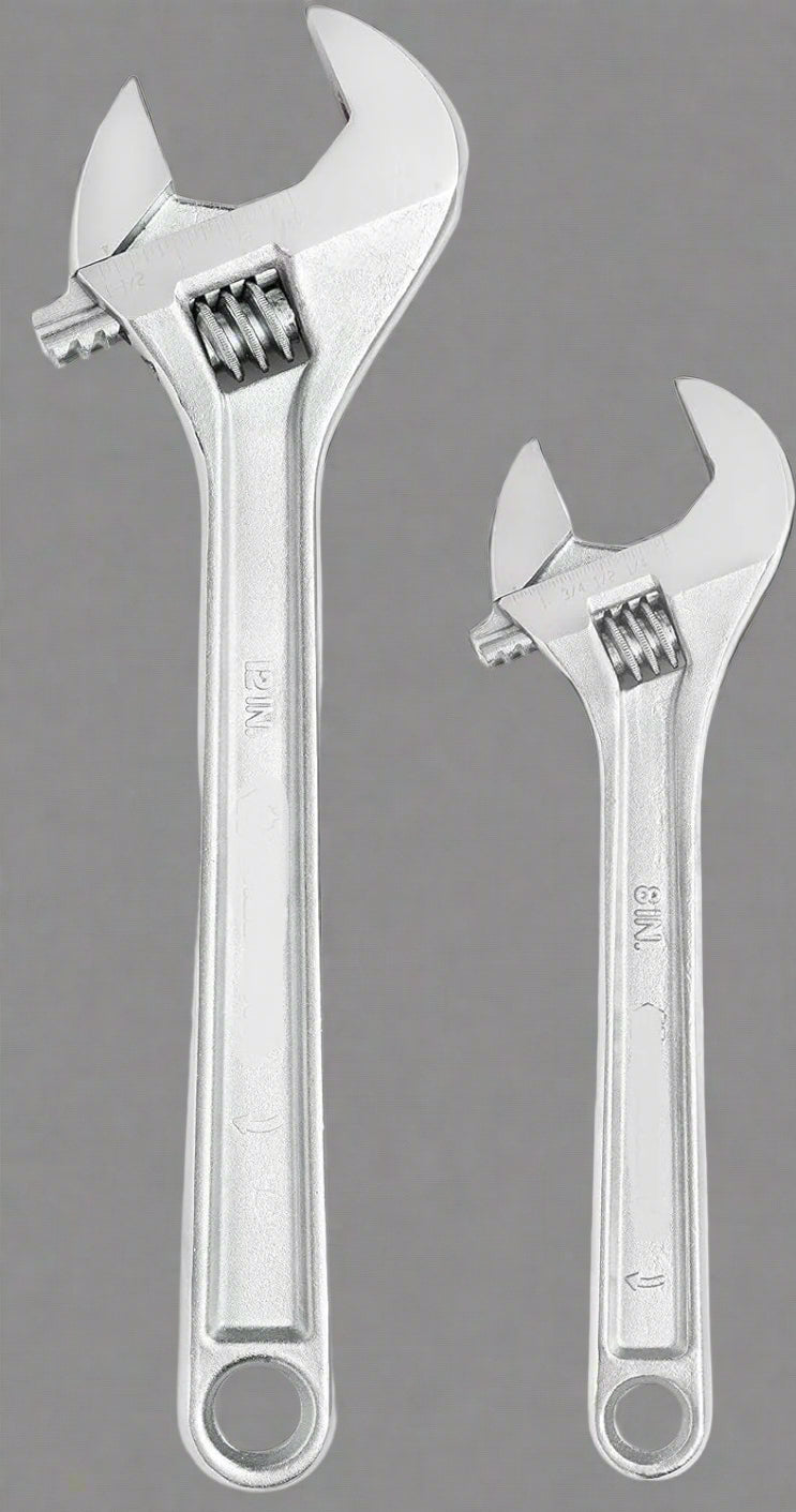 2-piece adjustable wrench set showing 8-inch and 12-inch wrenches with chrome finish