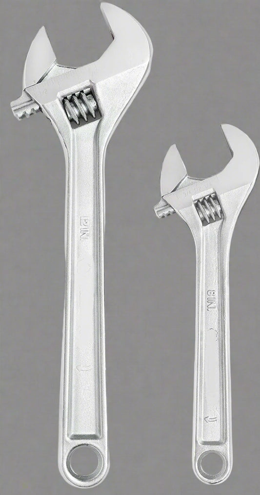 2-piece adjustable wrench set showing 8-inch and 12-inch wrenches with chrome finish