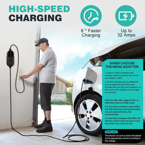 AIMILER 32Amp Level 2 EV charger wall-mounted with 25ft cable

Close-up of NEMA 14-50 plug

EV charger mobile app interface

Waterproof IP67-rated charger used outdoors

All-in-one charger kit with cable hook and holder