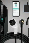 AIMILER 32Amp Level 2 EV charger wall-mounted with 25ft cable

Close-up of NEMA 14-50 plug

EV charger mobile app interface

Waterproof IP67-rated charger used outdoors

All-in-one charger kit with cable hook and holder

