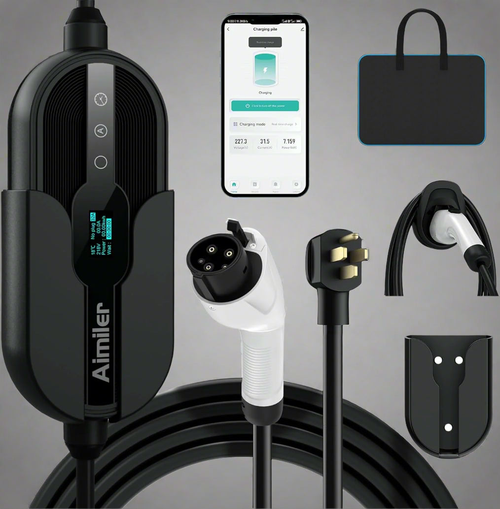 AIMILER 32Amp Level 2 EV charger wall-mounted with 25ft cable

Close-up of NEMA 14-50 plug

EV charger mobile app interface

Waterproof IP67-rated charger used outdoors

All-in-one charger kit with cable hook and holder

