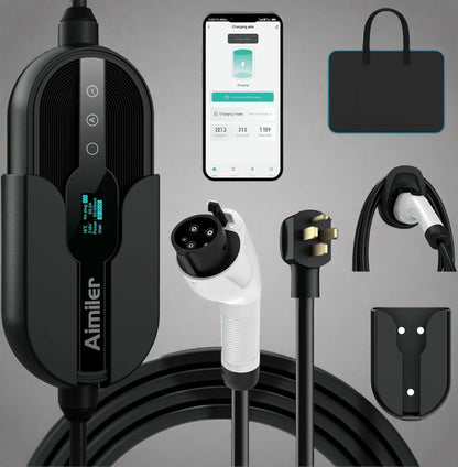 AIMILER 32Amp Level 2 EV charger wall-mounted with 25ft cable

Close-up of NEMA 14-50 plug

EV charger mobile app interface

Waterproof IP67-rated charger used outdoors

All-in-one charger kit with cable hook and holder

