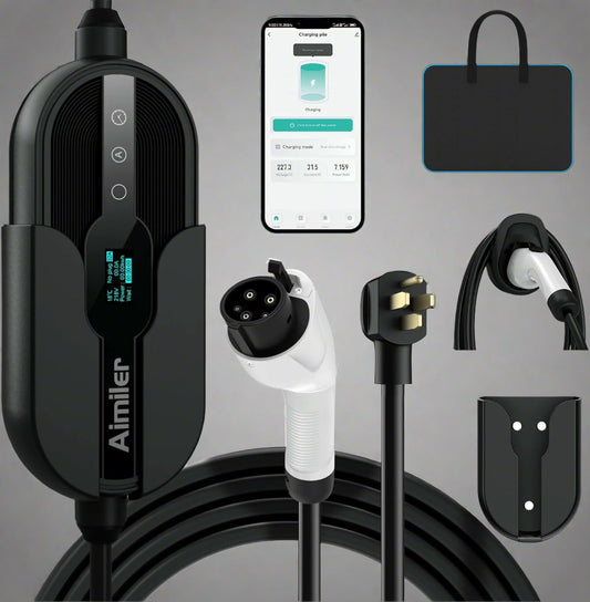 AIMILER 32Amp Level 2 EV charger wall-mounted with 25ft cable

Close-up of NEMA 14-50 plug

EV charger mobile app interface

Waterproof IP67-rated charger used outdoors

All-in-one charger kit with cable hook and holder

