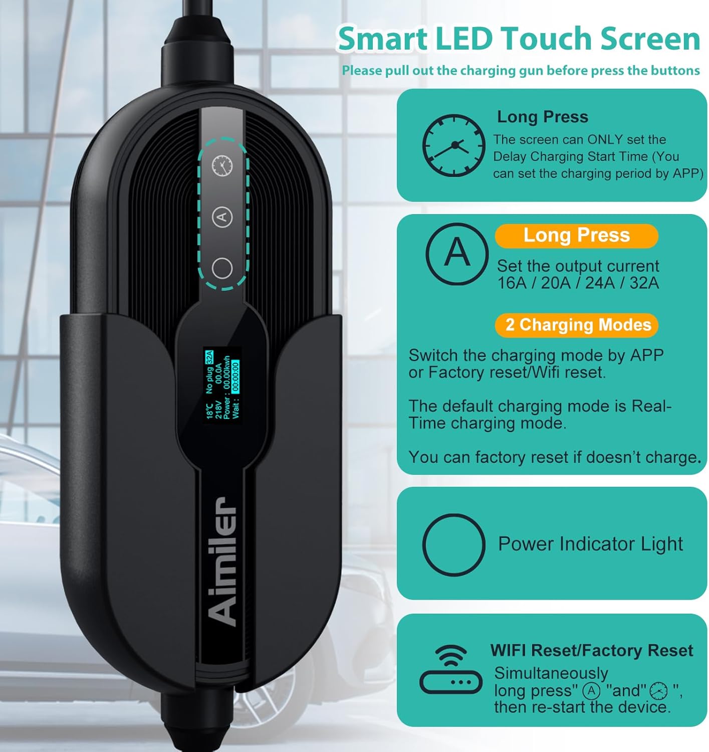AIMILER 32Amp Level 2 EV charger wall-mounted with 25ft cable

Close-up of NEMA 14-50 plug

EV charger mobile app interface

Waterproof IP67-rated charger used outdoors

All-in-one charger kit with cable hook and holder