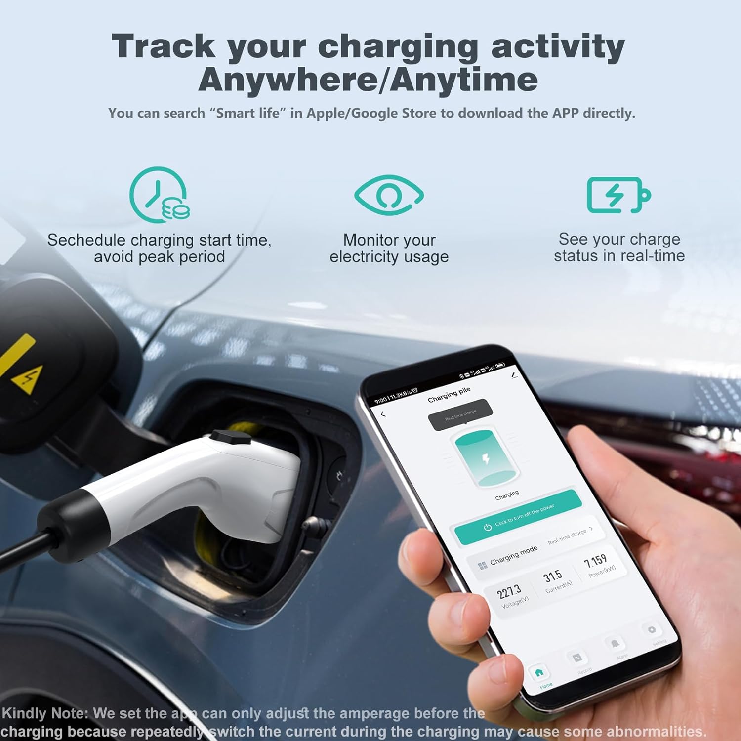 AIMILER 32Amp Level 2 EV charger wall-mounted with 25ft cable

Close-up of NEMA 14-50 plug

EV charger mobile app interface

Waterproof IP67-rated charger used outdoors

All-in-one charger kit with cable hook and holder