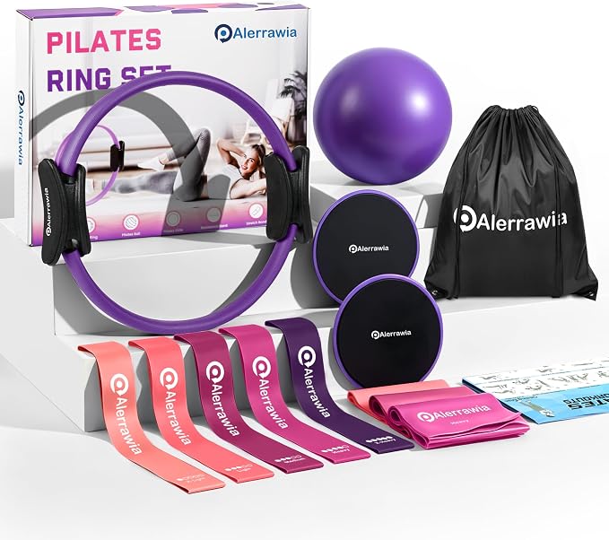 Alerrawia Pilates Ring Set – 14" Pilates Magic Circle with 5 Resistance Bands, 3 Yoga Bands, Exercise Ball, Gliding Discs & Workout Guide - Exercise Equipment with | Sold by Uncle Wiener's Wholesale