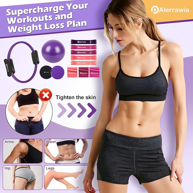 Alerrawia Pilates Ring Set – 14" Pilates Magic Circle with 5 Resistance Bands, 3 Yoga Bands, Exercise Ball, Gliding Discs & Workout Guide - Exercise Equipment with | Sold by Uncle Wiener's Wholesale