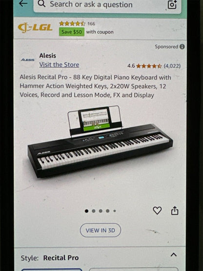 “Alesis Recital Pro 88-key digital piano front view”

“Alesis piano with built-in speakers and full-size weighted keys”

“88-key hammer action electric piano for beginners and pros”

“Rear panel of Alesis Recital Pro showing inputs and outputs”

“Close-up of control panel and FX buttons on Alesis keyboard”