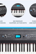 “Alesis Recital Pro 88-key digital piano front view”

“Alesis piano with built-in speakers and full-size weighted keys”

“88-key hammer action electric piano for beginners and pros”

“Rear panel of Alesis Recital Pro showing inputs and outputs”

“Close-up of control panel and FX buttons on Alesis keyboard”