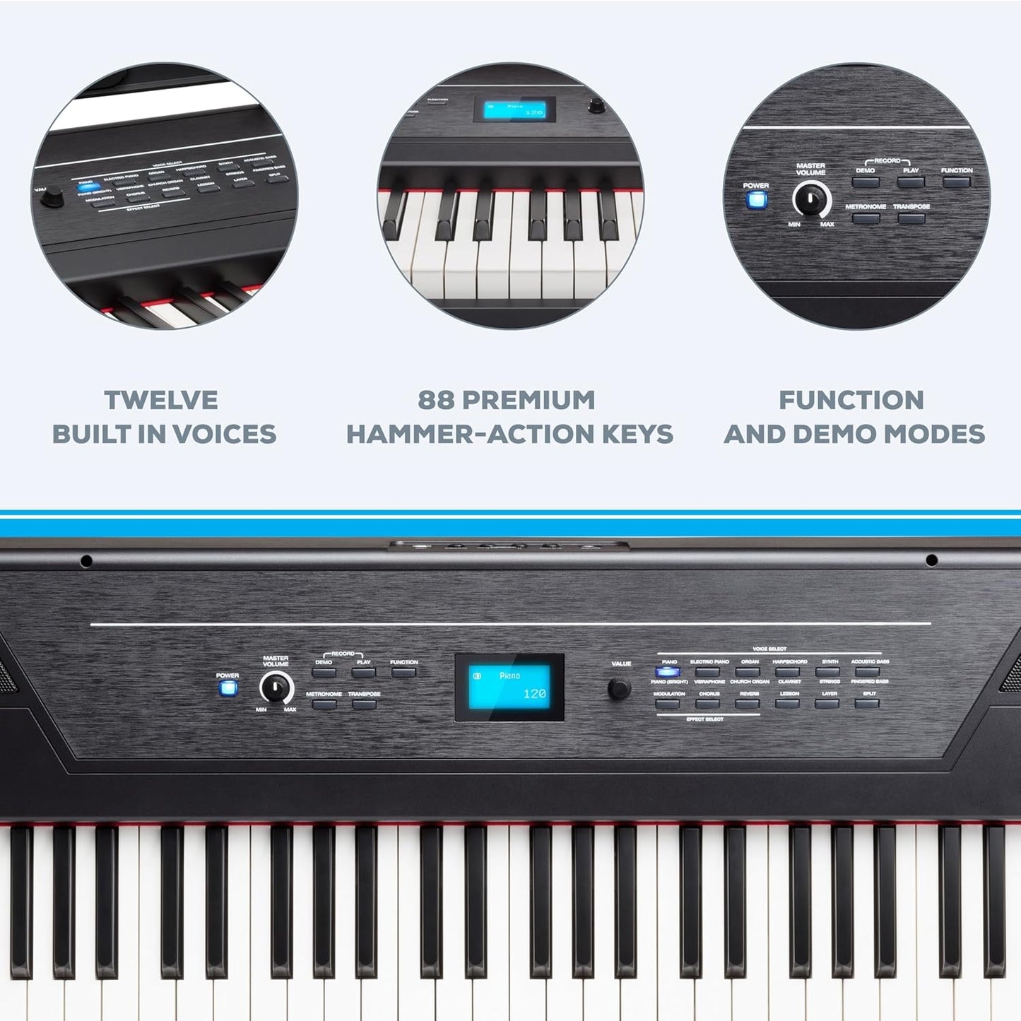 “Alesis Recital Pro 88-key digital piano front view”

“Alesis piano with built-in speakers and full-size weighted keys”

“88-key hammer action electric piano for beginners and pros”

“Rear panel of Alesis Recital Pro showing inputs and outputs”

“Close-up of control panel and FX buttons on Alesis keyboard”