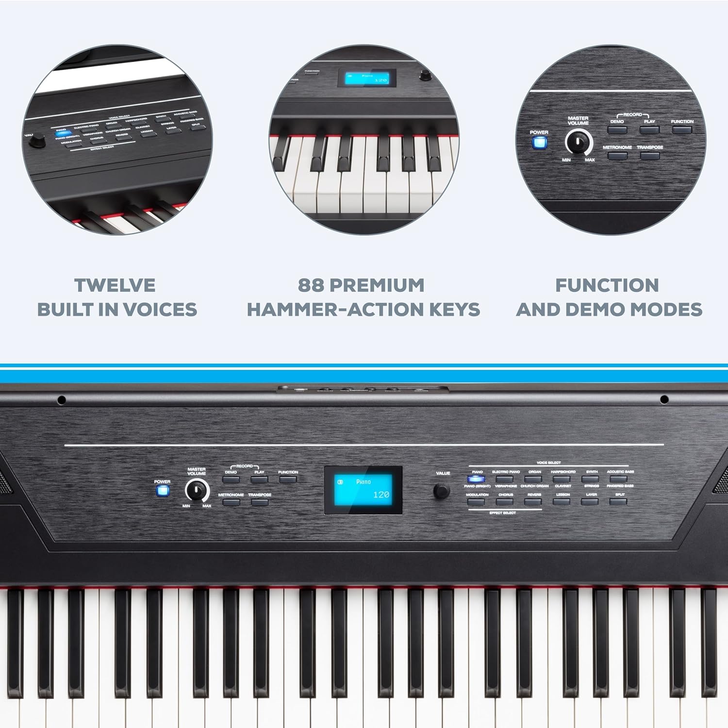 “Alesis Recital Pro 88-key digital piano front view”

“Alesis piano with built-in speakers and full-size weighted keys”

“88-key hammer action electric piano for beginners and pros”

“Rear panel of Alesis Recital Pro showing inputs and outputs”

“Close-up of control panel and FX buttons on Alesis keyboard”