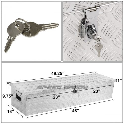 “Diamond plate aluminum underbody truck tool box with dual locks”
• “Weatherproof underbody truck tool storage box mounted under trailer”