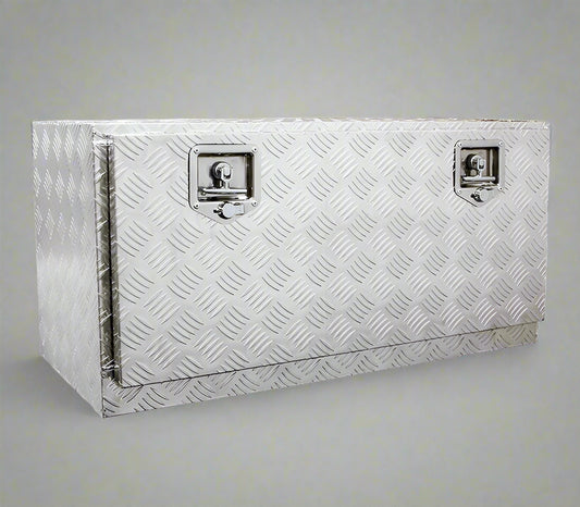 “Diamond plate aluminum underbody truck tool box with dual locks”
• “Weatherproof underbody truck tool storage box mounted under trailer”