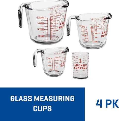 Anchor Hocking Glass Measuring Cups, 4 Piece Set - 5 oz, 1 - Cup, 2 - Cup, 4 - Cup - with | Sold by Uncle Wiener's Wholesale