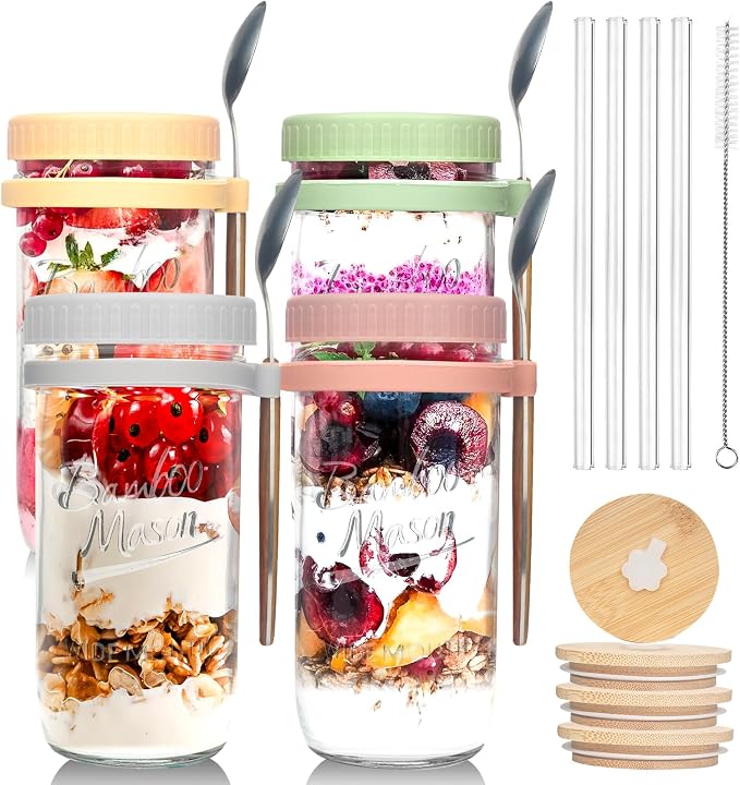 ANOTION Overnight Oats Glass Containers – 24oz Mason Jar Meal Prep Set with Lids, Spoons & Straws, 4 Pack - Home products with | Sold by Uncle Wiener's Wholesale