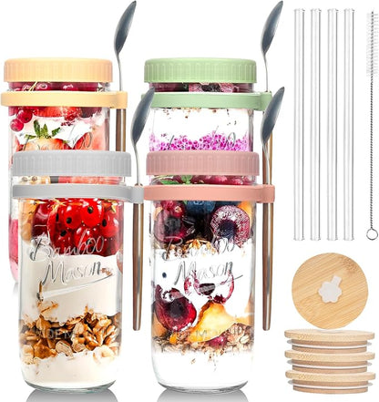 ANOTION Overnight Oats Glass Containers – 24oz Mason Jar Meal Prep Set with Lids, Spoons & Straws, 4 Pack - Home products with | Sold by Uncle Wiener's Wholesale