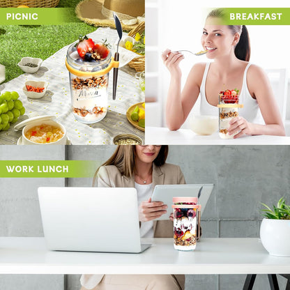 ANOTION Overnight Oats Glass Containers – 24oz Mason Jar Meal Prep Set with Lids, Spoons & Straws, 4 Pack - Home products with | Sold by Uncle Wiener's Wholesale