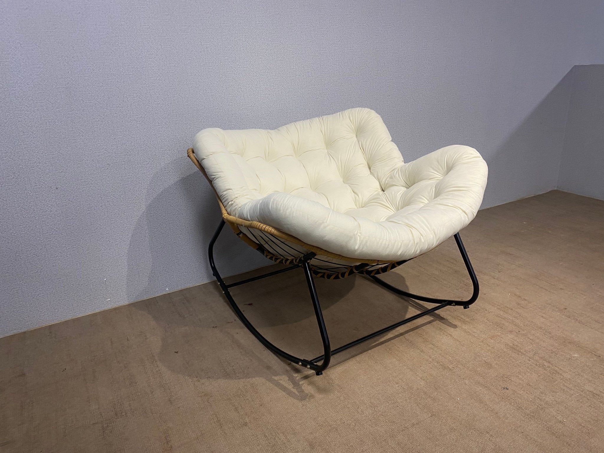 Antique Rocking Chair with Velvet Cushion – 330LBS Capacity | PE Rattan & Steel Frame – Beige, Dark Gray, Black, White - with Cozy Rocking Chair for Two – Beige | Sold by Uncle Wiener's Wholesale